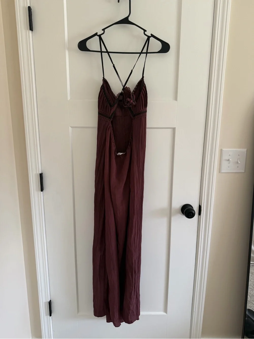 Free People Wine Red Button-Front Slip Maxi Dress Black Lace Trim Small
